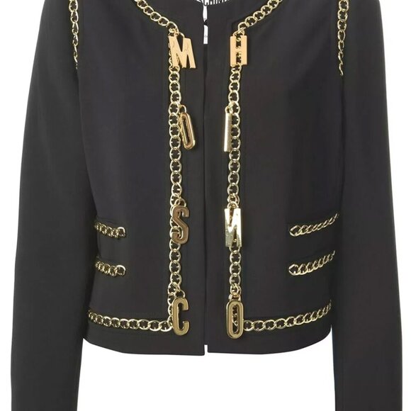 Moschino Black Jacket Gold Chain Logo LetterS TRIM Couture Italian IT40 USA 6 - Picture 1 of 13